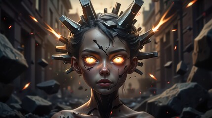 Apocalyptic Vision: A striking figure, amidst a war-torn cityscape, embodies the raw essence of survival and defiance with a bold gaze.