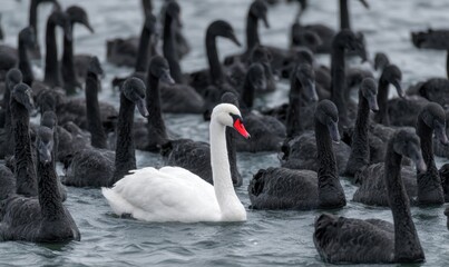 A lone white swan amidst a flock of black swans
