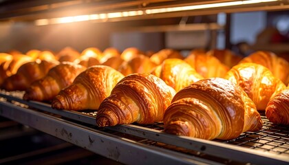 Freshly baked croissants, golden brown and perfectly layered, are displayed on a metal rack, radiating warmth and deliciousness.