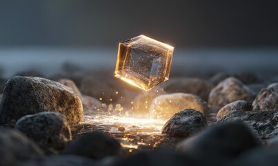 Illuminated cube hovering over water-worn stones
