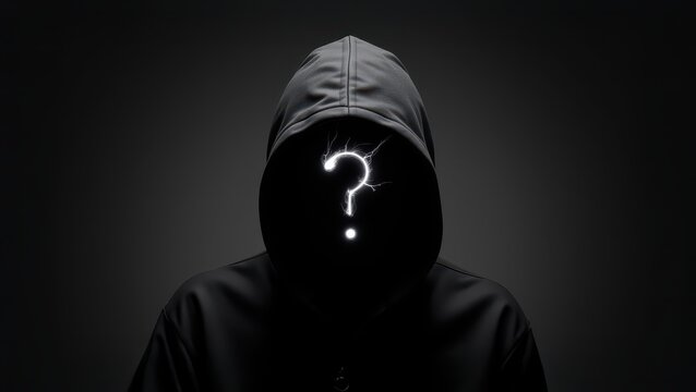 Mystery Identity: A mysterious figure shrouded in shadow and a hoodie, the only visible feature is a radiant question mark, casting a cryptic glow.