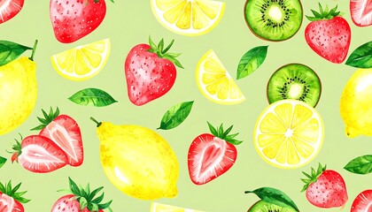 A vibrant pattern of watercolor strawberries, lemons, and kiwi fruit slices on a light green background.