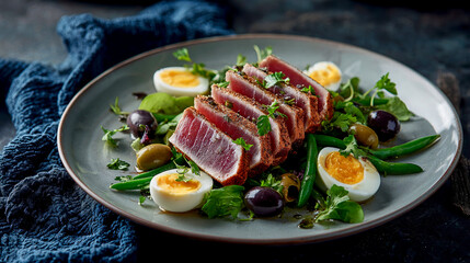 Freshly Sliced Tuna Steak with Vegetables and Egg on Plate