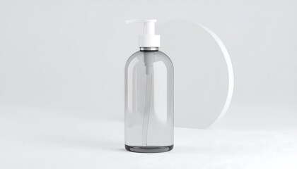 A clear, round bottle with a white pump dispenser sits on a simple, bright white background.