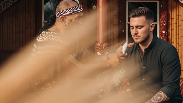 Authentic Maori Blessing Ceremony a Maori Elder Guiding a Young Man in Traditional Ritual Adorned with Tattoos Against a Carved Wooden Structure Background with Deep Cultural Richness