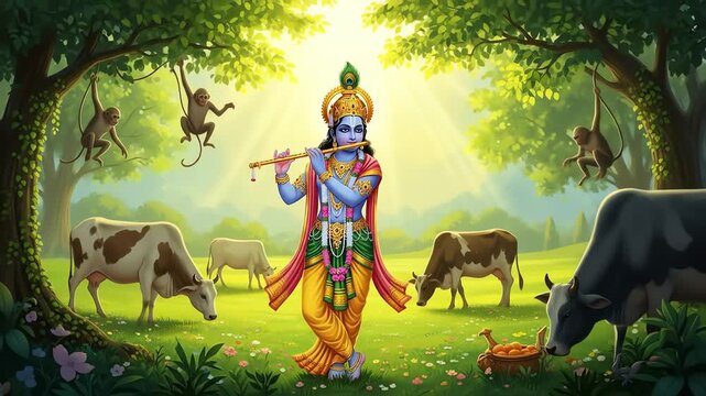 Lord Krishna, flute in hand, serenades amidst a lush forest, surrounded by grazing cows and playful monkeys.