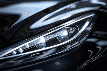 自動車のLEDヘッドライトと光沢ある外装ディテール