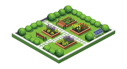 Isometric Garden Design with Solar Panel and Flower Beds for Sustainable Living Scenery