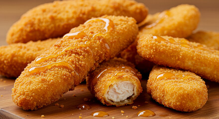 A close up shot of golden fried chicken tenders drizzled with honey on a wooden cutting board surface