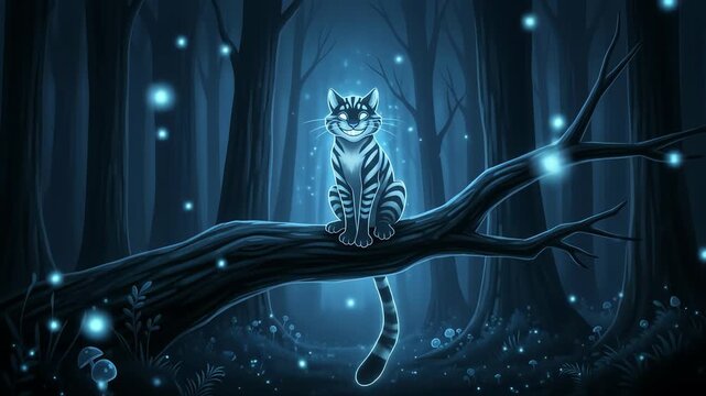 A luminous tiger cat sits serenely on a fallen log in an enchanted, bioluminescent forest.