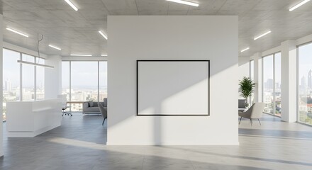 Modern office interior design featuring a blank picture frame on a white wall, offering ample space for artistic or promotional content within a bright and airy environment