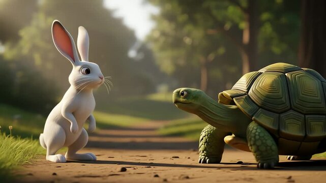 A cartoon rabbit and tortoise face each other on a dirt path in a sunny forest.