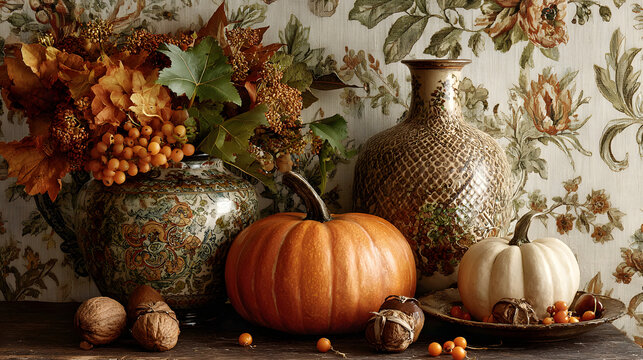Celebrate Thanksgiving with warm wallpaper designs that beautifully reflect the spirit of gratitude and togetherness Featuring autumnal colors, cozy motifs like pumpkins, leaves, and harvest elements.