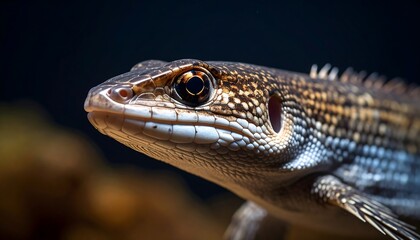 Naklejka premium Close-up profile view of a lizard's head, showcasing intricate scales and a focused gaze.