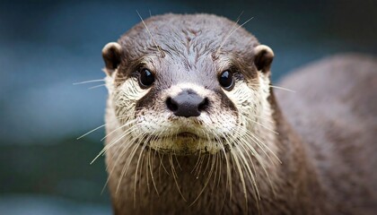 Close-up portrait of a curious otter, showcasing its sharp eyes and intricate facial features against a soft, out-of-focus backdrop.