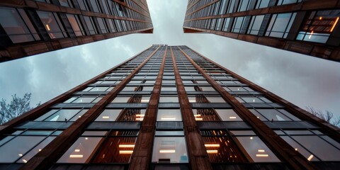 Modern skyscrapers reaching for cloudy sky in urban setting