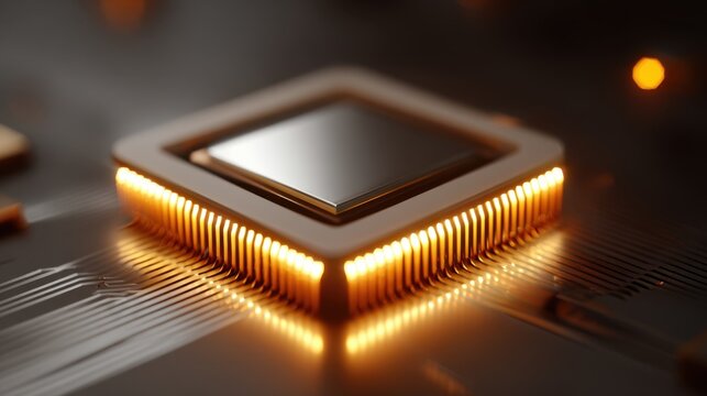 Futuristic microchip glowing with bright light on circuit board, showcasing technology and innovation in electronics design