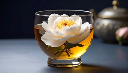 A delicate white peony blossom rests gracefully within a glass bowl filled with golden tea, evoking a sense of tranquility and serenity.