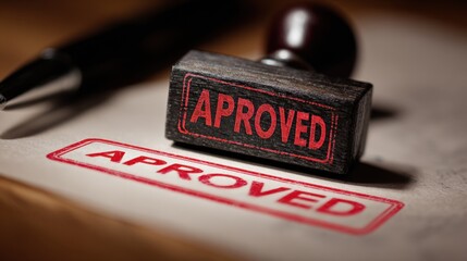 Vintage rubber stamp with red ink showing 'APROVED' on paper with a pen, symbolizing document approval and validation process.
