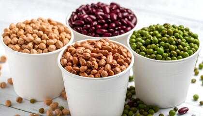 Four bowls of various beans on a white surface (1)