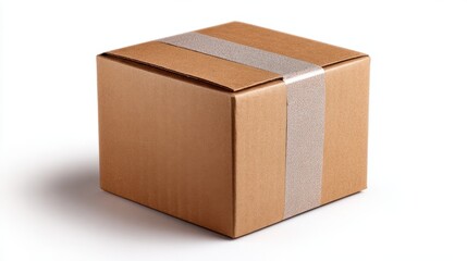 Brown Cardboard Box with Silver Ribbon on a Light Background Ideal for Shipping, Storage, and Packaging Solutions