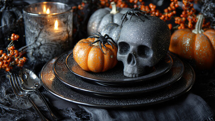 キャンドルと蜘蛛飾りを添えた黒皿静物