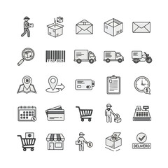 A collection of minimalist icons representing various aspects of delivery, shopping, and commerce.