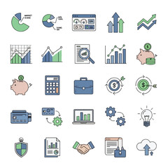 Collection of line icons depicting financial growth, business analytics, and strategic planning.