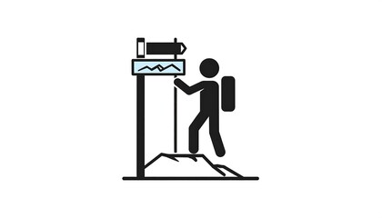 A simple, black and white graphic depicts a person hiking while interacting with a directional signpost atop a mountain.
