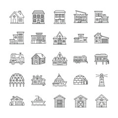A collection of diverse house and building line drawings, showcasing various architectural styles and dwelling types.