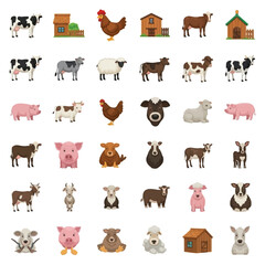 Fototapeta premium Collection of cartoon farm animals and barns, illustrating various livestock and rural structures.