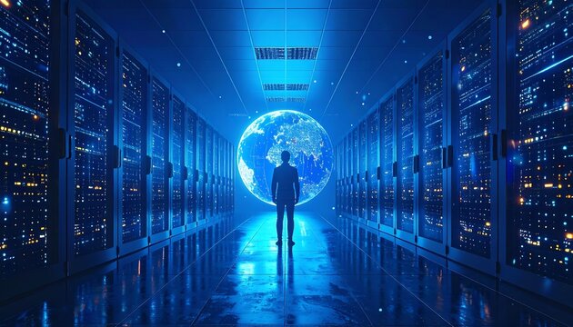 A futuristic server room hallway with a person standing inside, illuminated by glowing technology and a large digital representation of Earth.