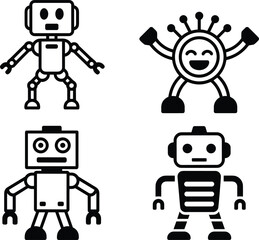 black and white cartoon robot characters set, retro and modern mechanical droid designs, vector illustration, technology, artificial intelligence, robotics, automation, sci‑fi concept