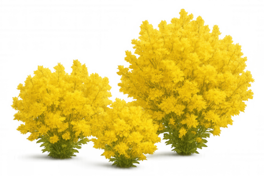 Three yellow flowering bushes isolated on transparent background, perfect for architectural visualization or any kind of project