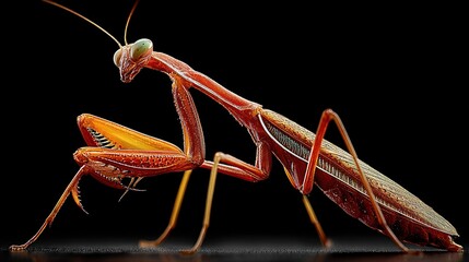 Close-up of a praying mantis with a reddish-brown body, large eyes, and sharp limbs against a black background