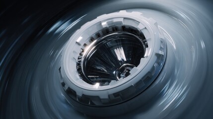 Futuristic portal vortex with glowing metallic core and swirling motion blur, digital art