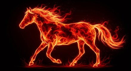 Fototapeta premium Fiery horse galloping with bright red and orange flames on a dark background. Dynamic chinese new year 2026 horoscope animal.