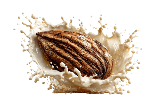 Cocoa bean explosion: A dramatic splash of milk embracing a single cocoa bean