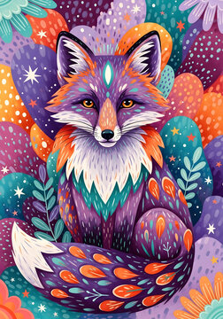 Psychedelic fox wall art with glowing eyes, vibrant patterned fur, cosmic stars, and colorful abstract fantasy background illustration