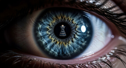 A cinematic macro shot of a human eye with a mysterious artistic object reflected in the pupil, a surreal concept for vision, perception, and focus.