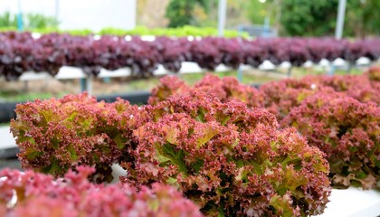 Close-up view of vibrant red lettuce heads in a hydroponic farm setting, showcasing healthy growth and vibrant colors.