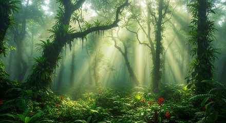 Obraz premium Sunlight streams through lush rainforest, creating a vibrant, ethereal scene with towering trees and exotic plants, evoking tranquility