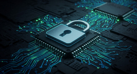 A padlock on a computer chip with glowing blue and green circuits representing data security online