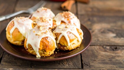 A plate of glazed pastries, drizzled with creamy icing, sits on a rustic wooden table.