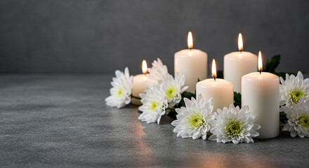 Still life composition featuring white candles and daisy flowers arranged on a gray surface background