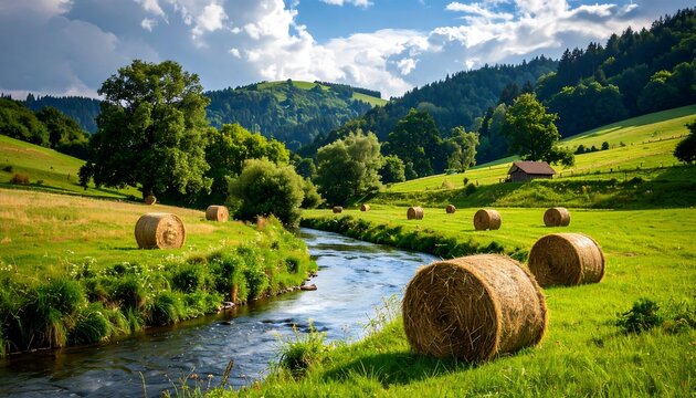 A picturesque rural landscape unfolds with a meandering river, hay bales, rolling hills, and lush greenery under a sunny sky.