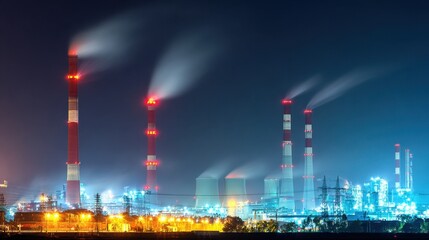 Fototapeta premium Nighttime Industrial Landscape with Emitting Smoke and Illuminated Structures in a Powerplant Environment