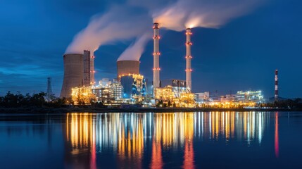 Brightly Lit Industrial Power Plant with Vapor Emissions Reflected in Calm Water at Night