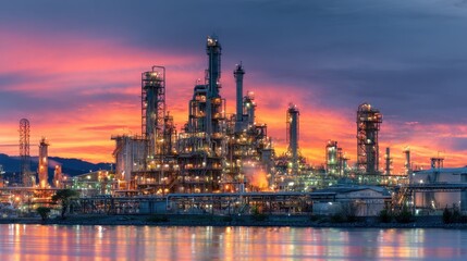 Fototapeta premium Stunning Sunset Over Industrial Complex with Smokestacks and Silhouettes Reflecting on Water Surface at Dusk