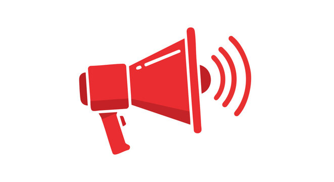 Red megaphone broadcasting a message, symbol of announcement, notification, vector design showcasing loud sound waves for promotion